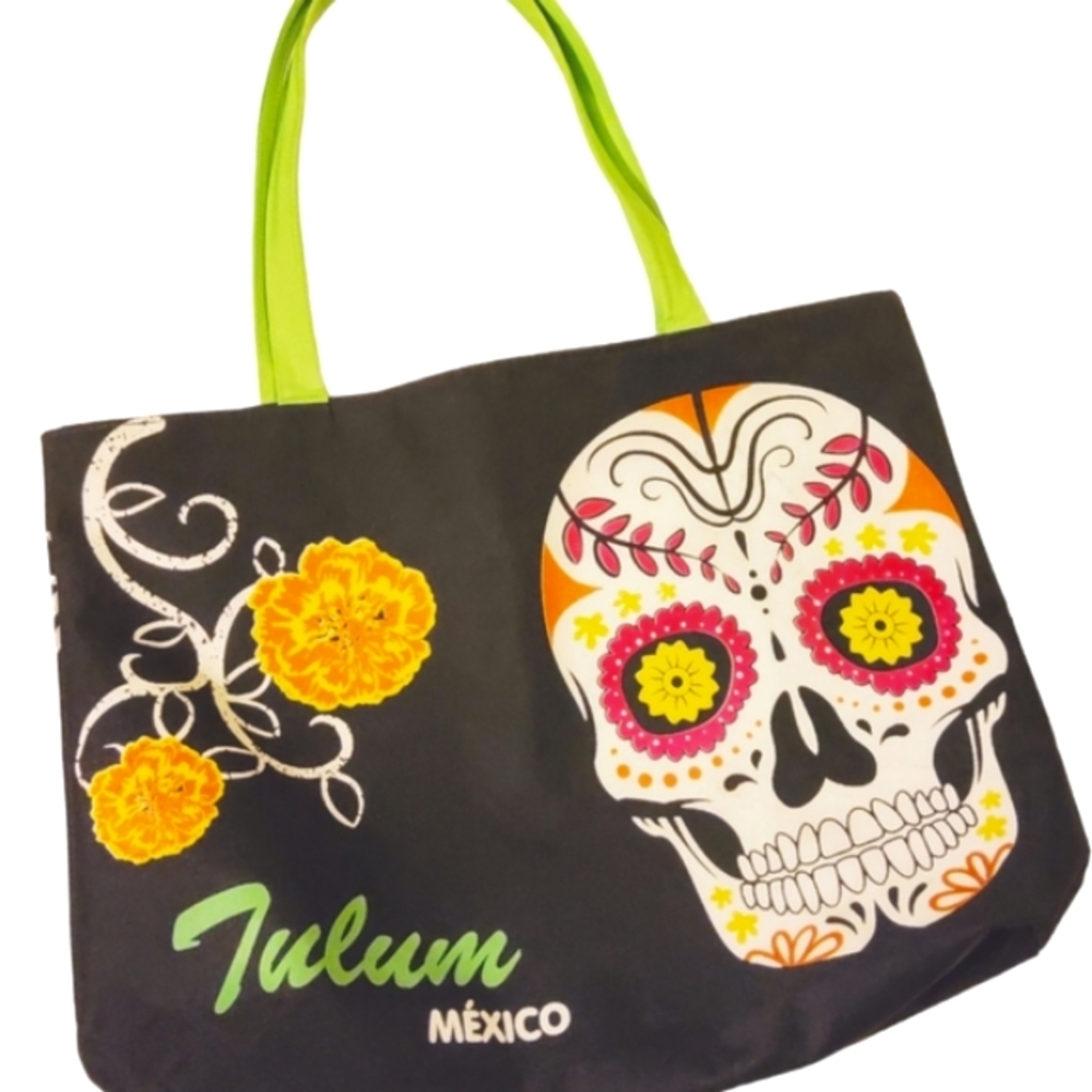 Canvas Tote Bag Skull XL Day Of The Dead Lime Green Colorful